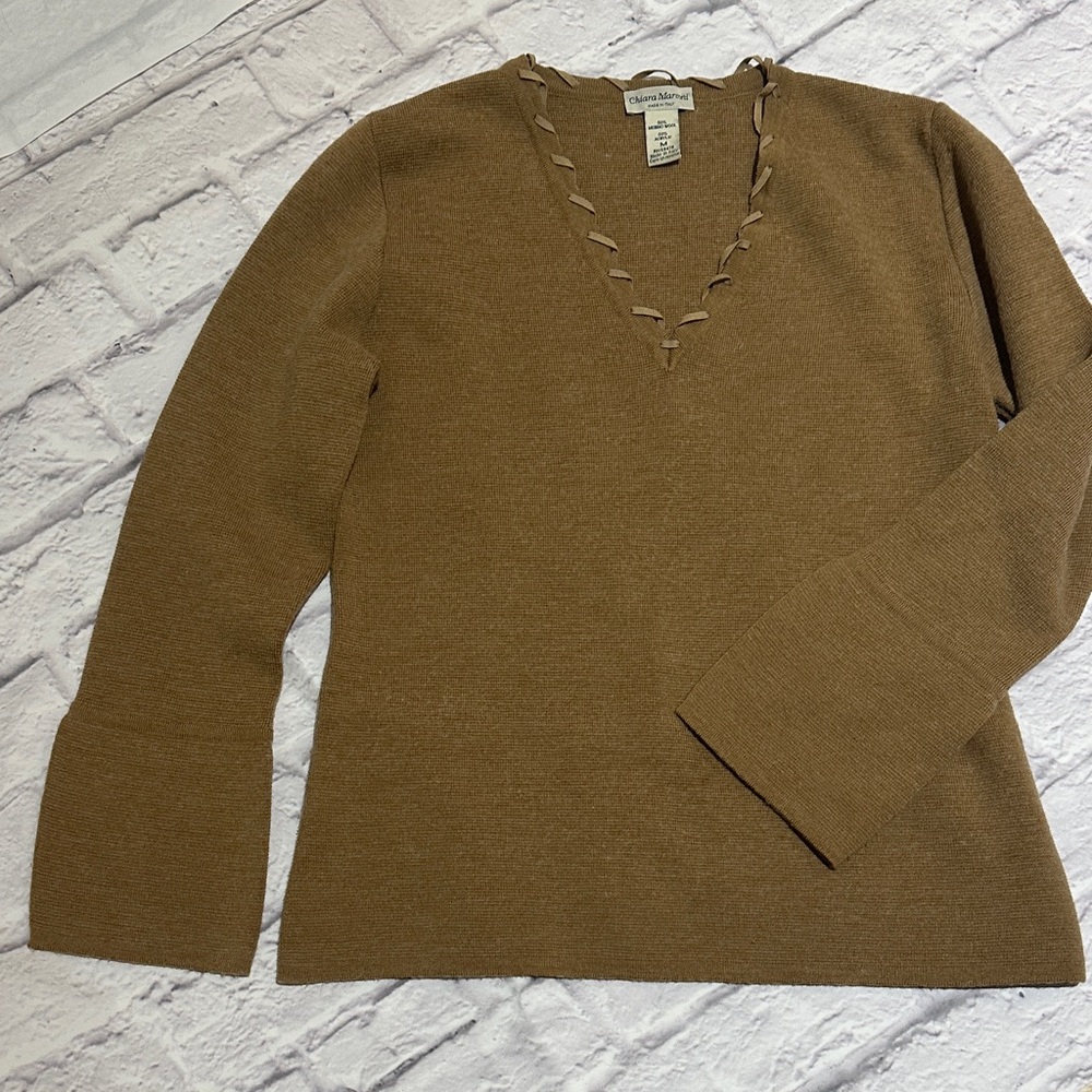 Brown Western Tan V-Neck Merino Wool Sweater with Unique Trim